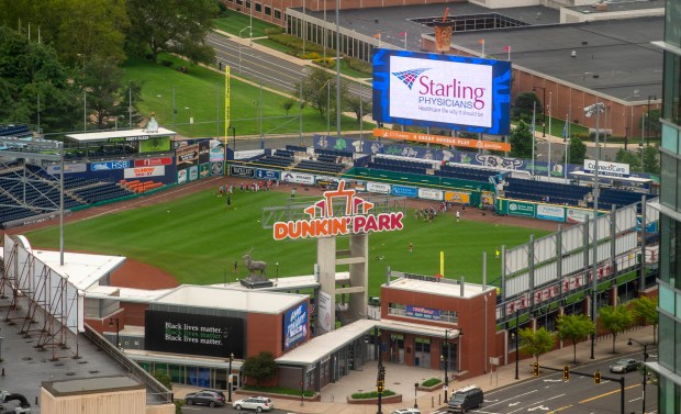 Aerial view of Dunkin' Park on Thursday Aug. 17, 2023. The Yard Goats staged another fun, fruiful season there. (Aaron Flaum/Hartford Courant)